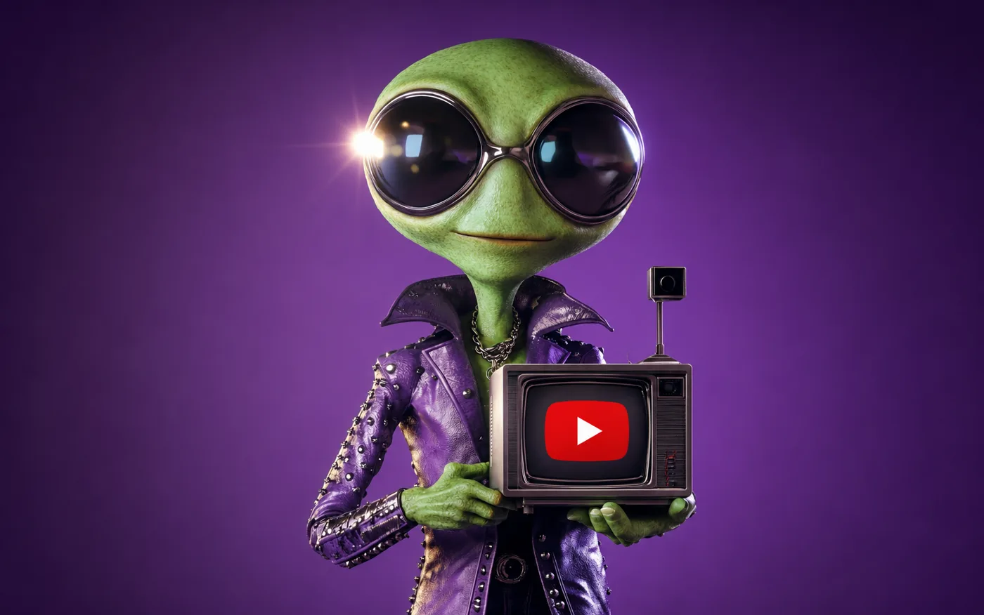 Alienígena de jaqueta roxa segurando uma TV retrô com o play do YouTube