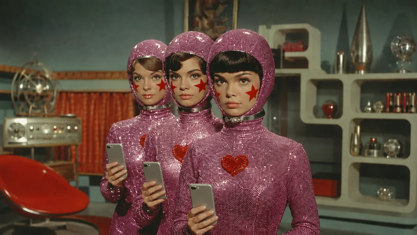 Três mulheres retrô-futuristas de macacão rosa brilhante checando previsões no celular