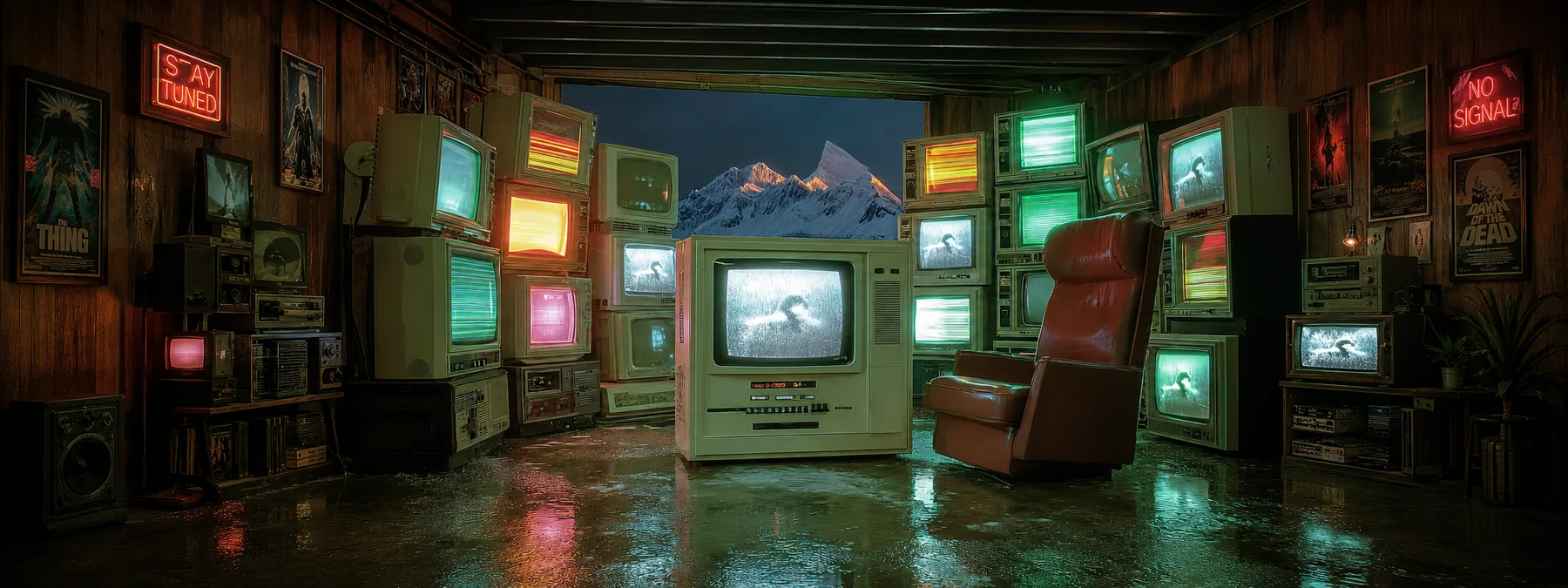 Sala retrô cheia de TVs vintage acesas com letreiros neon Stay Tuned e No Signal, e uma montanha nevada na tela