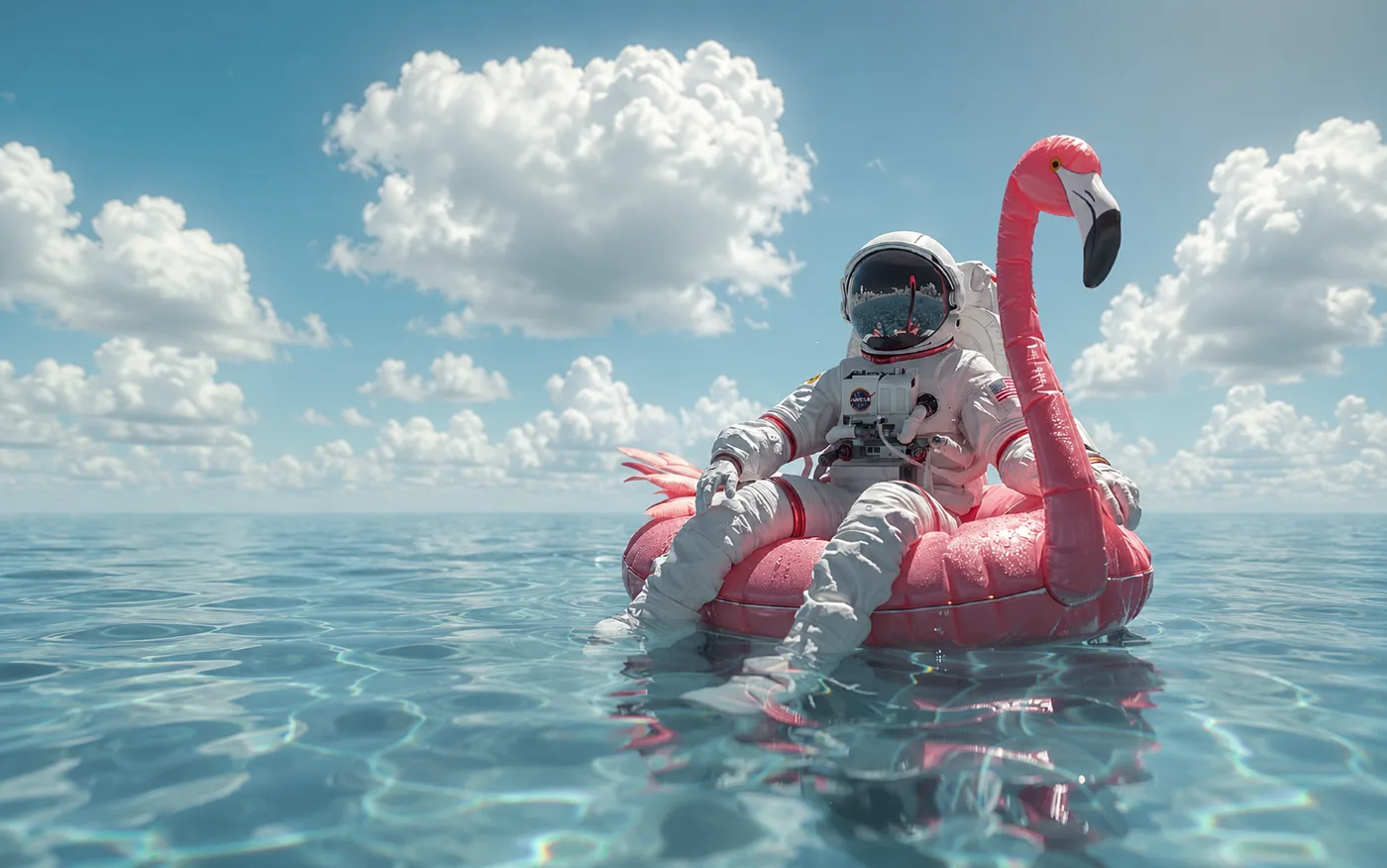 Astronauta boiando no mar numa boia de flamingo rosa